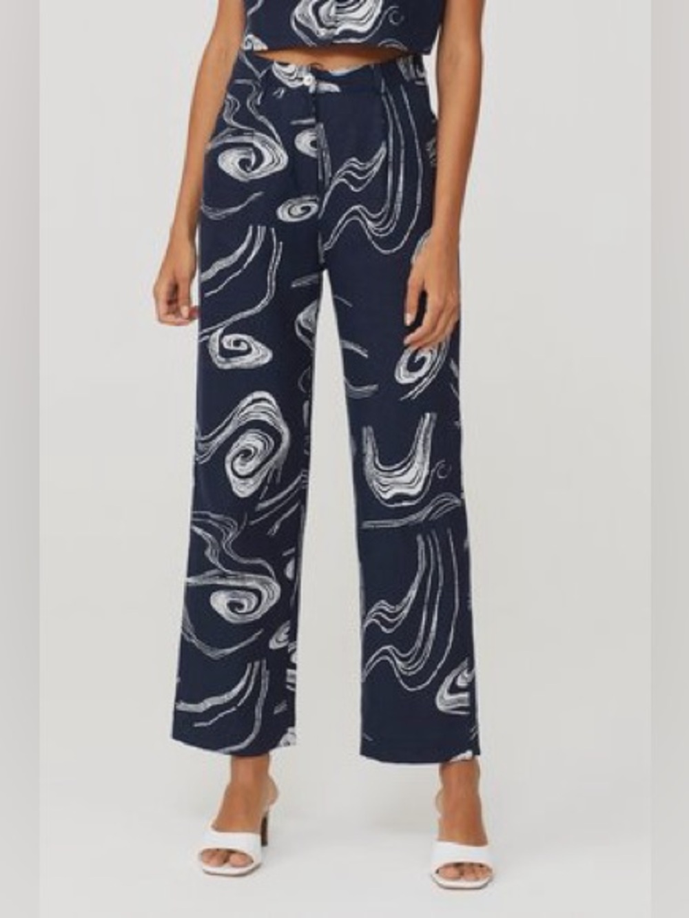 Paloma Wool Navy Blue Sega Linen Pants in White Swirled “Twister” Print